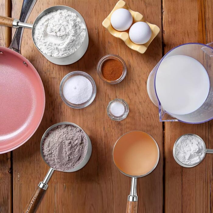 Набір мірних ложок та чашок мідного кольору, 4 шт. для кухні: 60мл, 80мл, 125мл, 250мл. Нержавіюча сталь, дерев'яна ручка