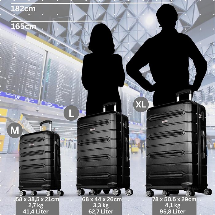 Валіза NOWI Rhodos – 3-секційний набір, жорсткий корпус ABS, кодовий замок, 4 колеса, розширювана, 360° обертання, легка та міцна. Розміри: M, L, XL (Чорний, SET)