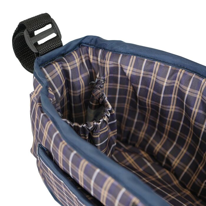 Візок для тварин Monster Shop з сумкою, знімний, складний, вантажопідйомність 15 кг, колеса, гальма, сітчасте вікно, кошик, тримач для напоїв, кишені та водовідштовхуючий дощовик (синій візерунок в клітинку, передня кишеня для тварин)