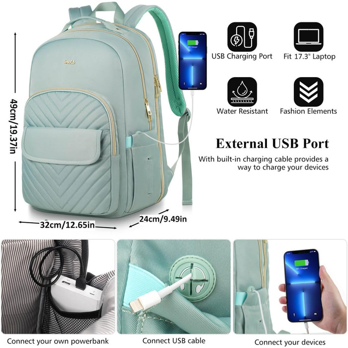 Жіночий рюкзак для ноутбука 17,3 дюйма: ідеальний для навчання, роботи та офісу. Зелений колір