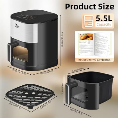 Ультра-сучасна аерофритюрниця Uten Dual Blaze 2000 Вт, без олії, 5,5 л, з оглядовим вікном, 14 програм, рецепти, відкладений старт, без перевертання продуктів, срібляста, квадратна форма