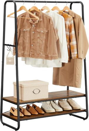 VASAGLE Clothes Rack, Coat Rack, Coat Stand, with 2 Shelves, 6 S-Shaped Hooks, Steel Frame, for Bedroom, Hallway, Entrance Area, Vintage Brown-Black RGR112B01