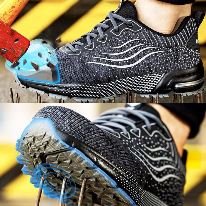 Чоловічі та жіночі робочі черевики з металевим капаком, спортивні, з амортизацією, неслизькі (47 EU, Сірий)