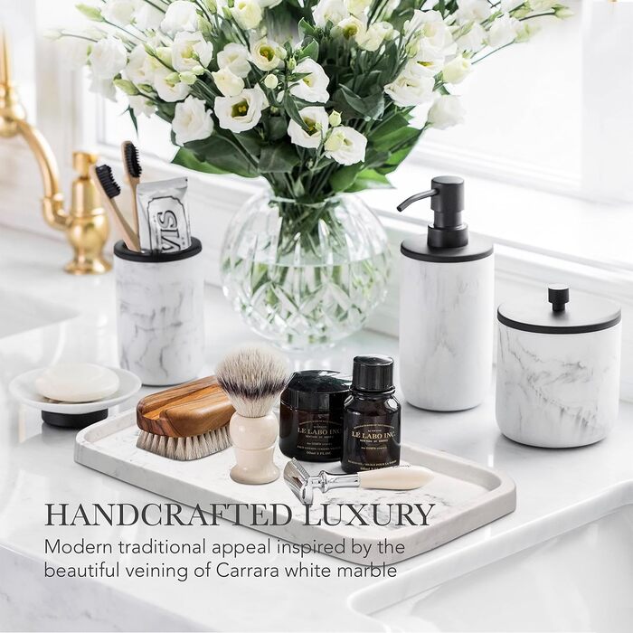 Набір аксесуарів для ванної кімнати: диспенсер для мила, тримач для зубних щіток, мармур, стиль фермерський дім, 5 шт., чорний