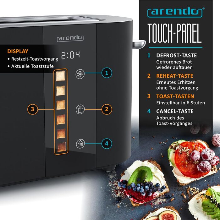 Тостер Arendo з нержавіючої сталі, 2 відділення, довгий проріз, сенсорний дисплей, подвійні стінки, підставка для булочок, 6 рівнів підсмажування, центрування хліба, індикатор часу, функція пам'яті, чорний колір A: Нічний чорний