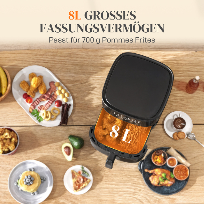 Фритюрниця HOMCOM з гарячим повітрям на 8 літрів (Airfryer) з 8 попередніми налаштуваннями, таймером на 60 хвилин, технологією 360° циркуляції гарячого повітря, потужністю 1700 Вт, без використання олії, з захистом від перегріву, LED-сенсорною панеллю упр
