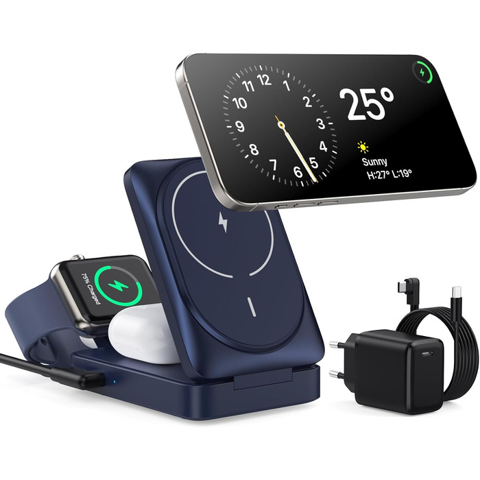 3-в-1 Бездротовий зарядний пристрій з MagSafe, Qi2, для iPhone 16/15/14/13/12, Apple Watch, AirPods, білий (блакитний)