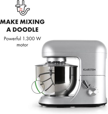 Klarstein 5L Stainless Steel Stand Mixer - 2000W Kitchen Machine with Dough Hook & Whisk - 6 Speed Universal Mixer for Baking & Cooking