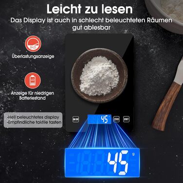 Кухонні ваги цифрові 15 кг, перезаряджувані, з LCD-дисплеєм та функцією тарування, водонепроникні, преміум-якість, чорний колір