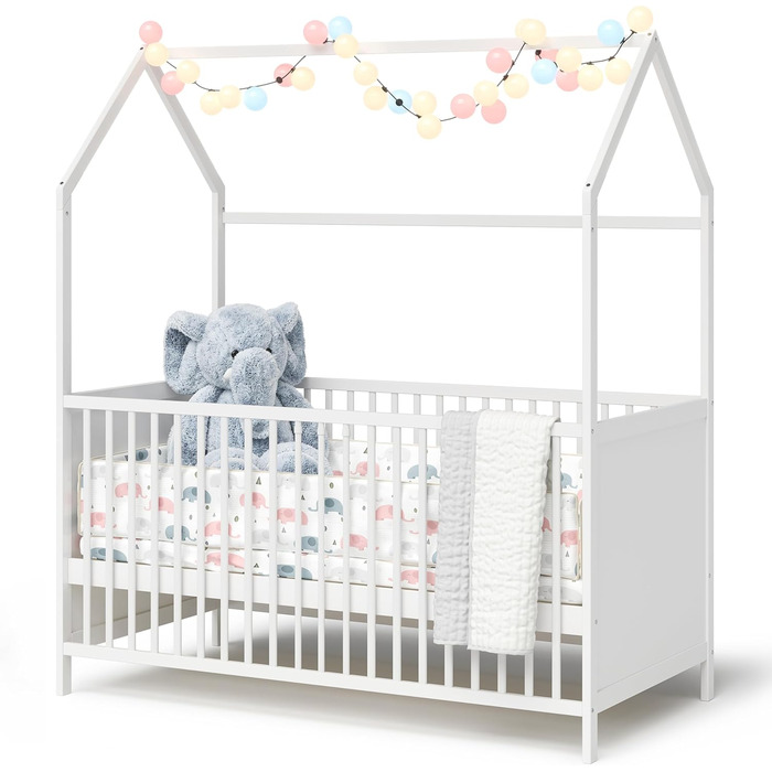 Bellabino Nika Babybett in House Style 70 x 140 cm, crib and house bed for children and babies made of solid pine wood in white, 3-fold height adjustable including slatted frame