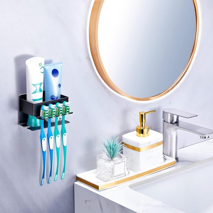 Тримач для зубних щіток настінний, для електричної зубної щітки, з підставкою для насадок, без свердління, чорний, компактний