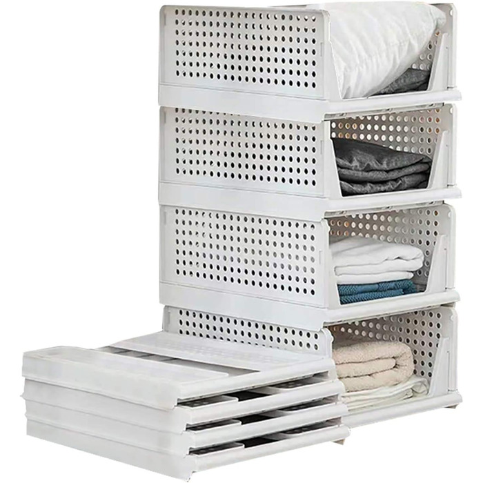 Set of 4 Stackable Folding Clothes Storage Boxes, Plastic Closet Shelves, Closet Organizer Boxes, Pull-Out Drawer-Like Design, Suitable for Home, Bedroom, Kitchen
