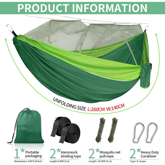 Гамак CIRULLI з москітною сіткою 260x140 см, вантажопідйомність 300 кг, парашутний нейлон, для кемпінгу, саду