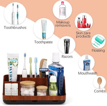 Тримач для зубних щіток у ванну кімнату: органайзер для електричних щіток та пасти, 7 відділень, червоне дерево