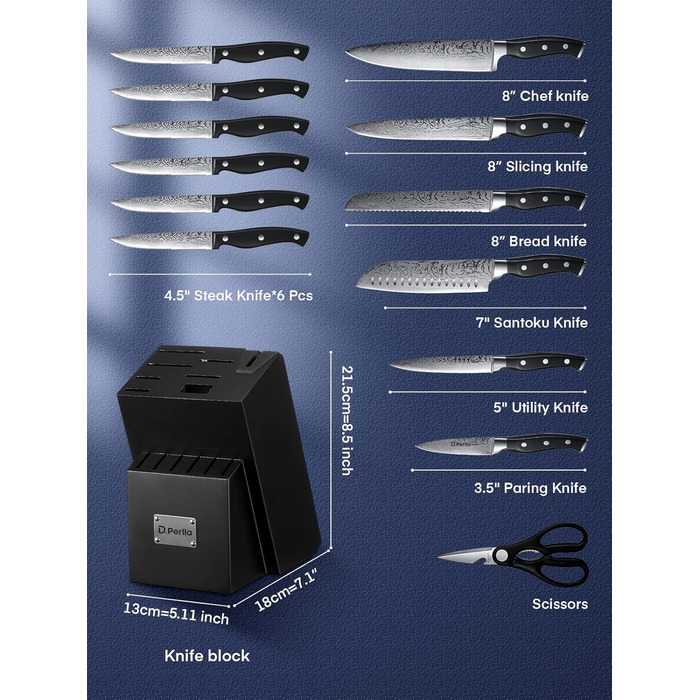 D.Perlla Self-Sharpening Knife Block Set - 14 Piece Stainless Steel Knife Set with Plastic Handle & Wood Block - Professional Kitchen Knife Set