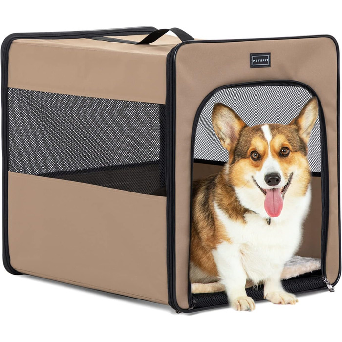 Транспортна переноска для собак Petsfit, складана, з м'якою підстилкою, розмір M (61x46x53.5 см), для подорожей, хакі