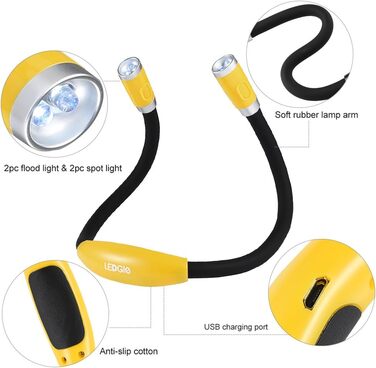 LED лампа на шию LEDGLE для читання, перезаряджувана, 3 режими яскравості, гнучка, 6500-7000K, жовтий світ