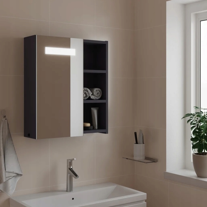 Шафа у ванну кімнату з дзеркалом та LED-підсвіткою, сіра, 45 x 13 x 52 см