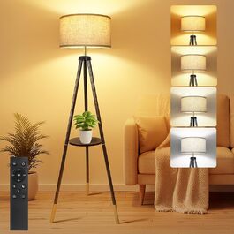 LED торшер OUTON з регулюванням яскравості, тринога, дерево, з полицею, пульт, 4 колірні температури, таймер 1 година, чорний/золотий, з бежевим абажуром для вітальні, спальні, офісу