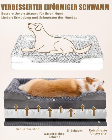 KSIIA Dog Bed for Medium-Sized Dogs, Orthopedic, Removable and Washable Base and Armrest Cover, Waterproof Inner Liner, Dog Sofa Dog Basket with Raised Edges, Non-Slip Bottom, Dog Couch Grey