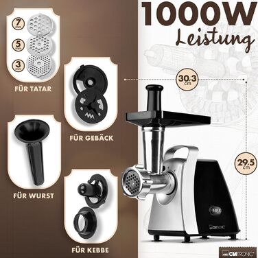 М'ясоподрібнювач Clatronic® Fleischwolf 1000W з насадкою для печива та фігурного тіста | 3 металевих диска | Функція прямого та зворотного ходу | Насадка для фаршу | Металевий корпус та шнек | FW 3803 з нержавіючої сталі *Модель 2024*