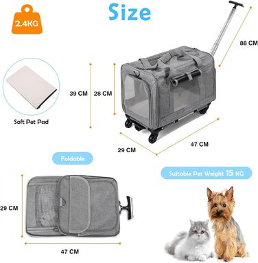 Переноска для тварин ALLSOPETS з колесами для котів та собак, схвалена для авіаперельотів, з висувним ручками, знімними колесами та плечовим ременем, портативна сумка для маленьких тварин (сіра)