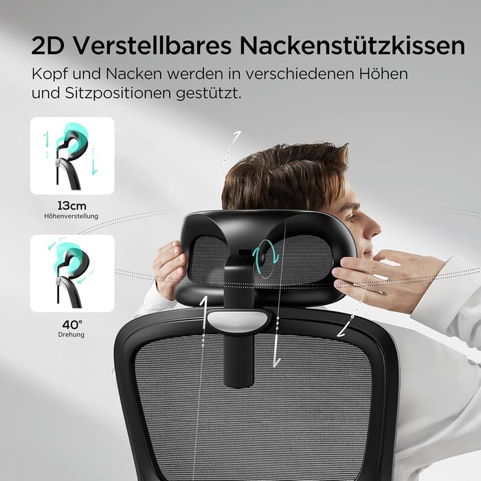 Hbada P2 Air Ergonomic Office Chair with Adjustable Lumbar Support, Height, Footrest, and 2D Headrest - Mesh Computer Chair, Swivel & Tilt Function, Black