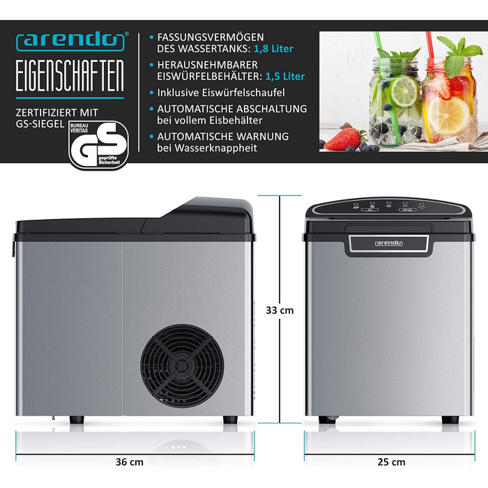 Stainless steel ice maker, ice cube maker, ice maker machine 1.8 Liter ice cube maker, ice cream machine with cooling, ice cube sizes small and large, status LEDs, ABS, BPA free, silver stainless steel
