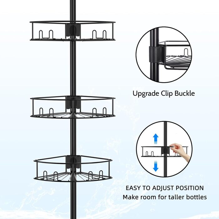 Bomclap Telescopic Shower Shelf with 4 Baskets and 1 Towel Holder, Shower Shelf No Drilling Required, Height Adjustable 149-276cm for Shower and Bathtub, Black