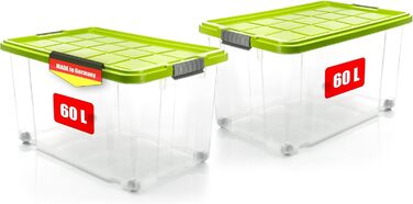 BigDean 2-Pack 60L Storage Boxes with Lid, Large Transparent - Stackable, Robust Box, BPA-Free - Rollable Stack Box with Secure Click Closures - Made in Germany (Green)