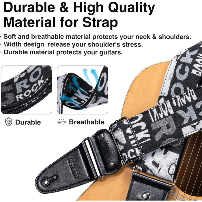 Гітарний ремінь LEKATO, смугастий, 6.7 см, з шкіряними кінцями та кишенькою для медіатора - з 6 медіаторами/фіксаторами ремінця - для бас-гітари, електрогітари та акустичної гітари