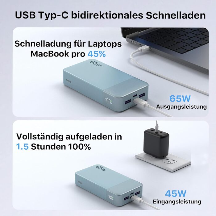 Power Bank NOBIS 20000mAh 65W USB-C PD QC з дисплеєм - портативний зарядний пристрій для ноутбука, телефону, планшета (Синій)