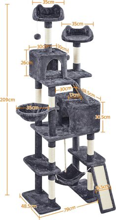 Кігтеточка для котів Yaheetech 206 см, XXL, стабільна, з мотузкою з сизалю, кошиком, гамаком, темно-сіра