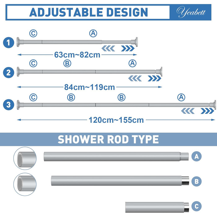 Штанга для штор без свердління, 48-119.4 см, телескопічна, кріпиться затискачем, для душу/вікна (48-154.9 см, 1 шт., сіра)