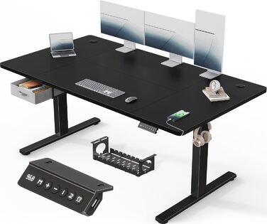 Регульований стіл Devoko 160x80 см з висувними ящиками, USB-порт, органайзер для кабелів, стоячий стіл з 3 функціями пам'яті, білий (чорний)