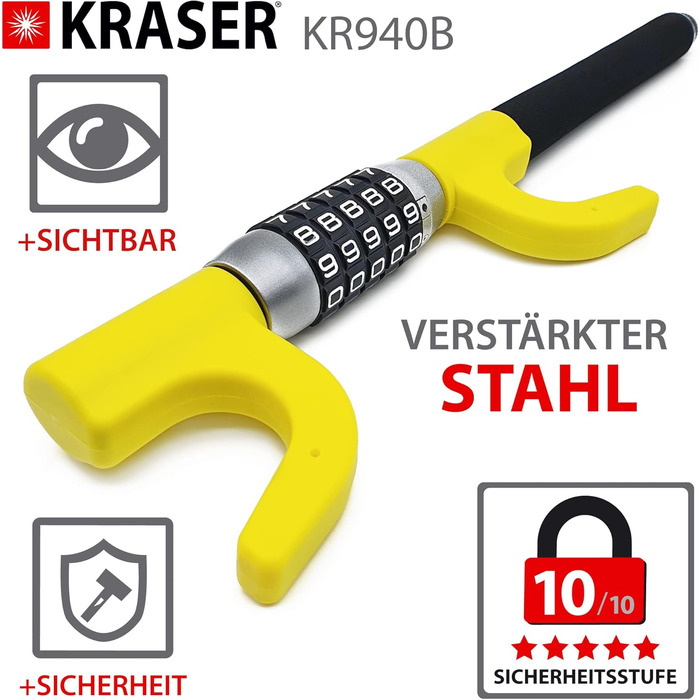 Протикрадіжний замок на кермо KRASER KR940B з кодовим замком, універсальний блокіратор для автомобіля, автодімів, із аварійним молотком