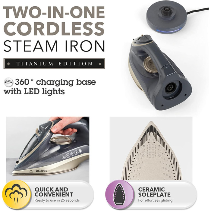 Праска Beldray 2600 Вт з керамічною підошвою з антипригарним покриттям, регулюванням температури та подачі пари, функцією самоочищення, резервуаром 280 мл, парою до 140 г/хв, висока потужність (EU-штепсель, Titanium)