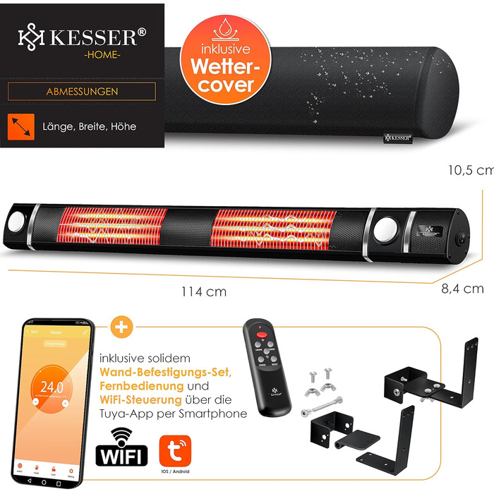 Інфрачервовий обігрівач KESSER® 3000W з LED-підсвічуванням та Wi-Fi, для тераси, кафе, бару, з пультом керування та захисним чохлом. Настінний кварцовий обігрівач (Чорний)