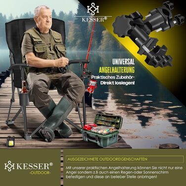 Кресlo для кемпінгу KESSER® розкладне, до 160 кг | Зручне рибальське крісло з підлокітниками, кишенею для напоїв та світлом | Чорний колір