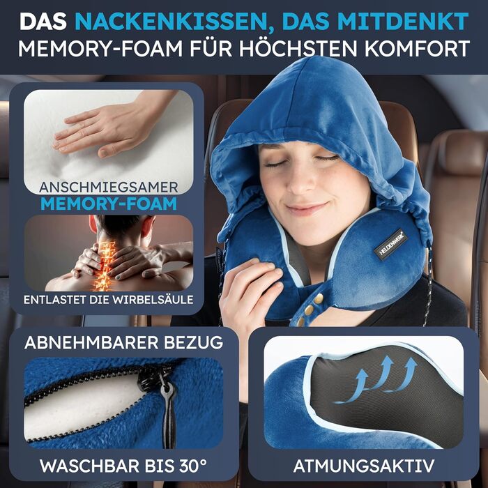 Подушка для шиї Comfy від HELDENWERK: Memory Foam, 6-позиційний регулятор, для подорожей літаком/автомобілем, дихаюча, миється, Navy Blue