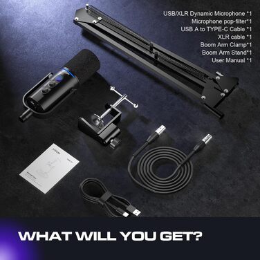 Мікрофон Ortizan XLR/USB для геймінгу та подкастингу з регулятором гучності, кріпленням, ефектами та шумозаглушенням - Чорний