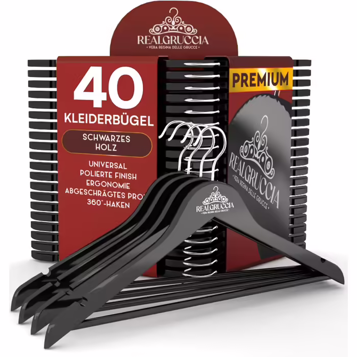 40 Wooden Clothes Hangers with Anti-Slip Grooves, RealGruccia Black Wood Hangers for Trousers, Suits, Shirts - with Trouser Bar, Polished Surface, Swivel Hook, and Angled Profiles - 22x45cm