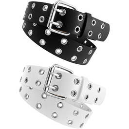 Двокольоровий ремінь з двома отворами, шкіряний ремінь для джинсів у стилі панк, хіп-хоп, косплей, для джинсів, штанів, готичного стилю, рок-одягу, для жінок та чоловіків, чорний, білий