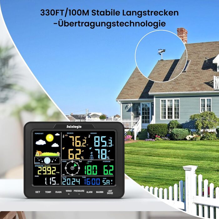 Метеостанція бездротова Sainlogic Weatherseed® з Wi-Fi, прогнозом погоди на 24/7 (ШІ), сповіщеннями в App/Email, цифровим анемометром та дощуміром, 2 роки зберігання даних - Чорний