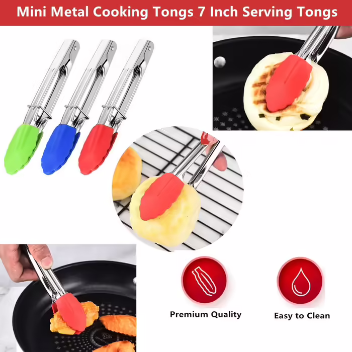Mini Kitchen Tongs with Silicone Tips, Silicone Serving Tongs with 3 Sets, 17.8 cm, Non-stick Coated Small Tongs with Stainless Steel and Silicone Handles, Heat-resistant Tongs for Cooking, Grilling, Salad