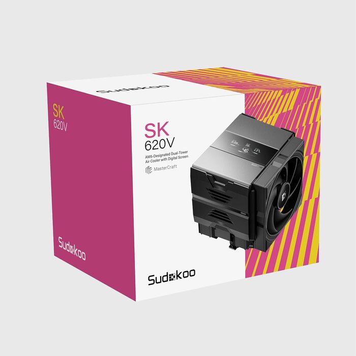 Кулер для процесора Sudokoo SK620V AM5: двосекційний башта (Dual Tower) з цифровим дисплеєм, 6 тепловими трубками та 2 PWM FDB вентиляторами 120мм