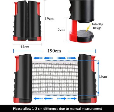Мережа для настільного тенісу, висувна, 190 см (макс), портативна, замінна, для столу, офісу, їдальні (чорний, червоний)