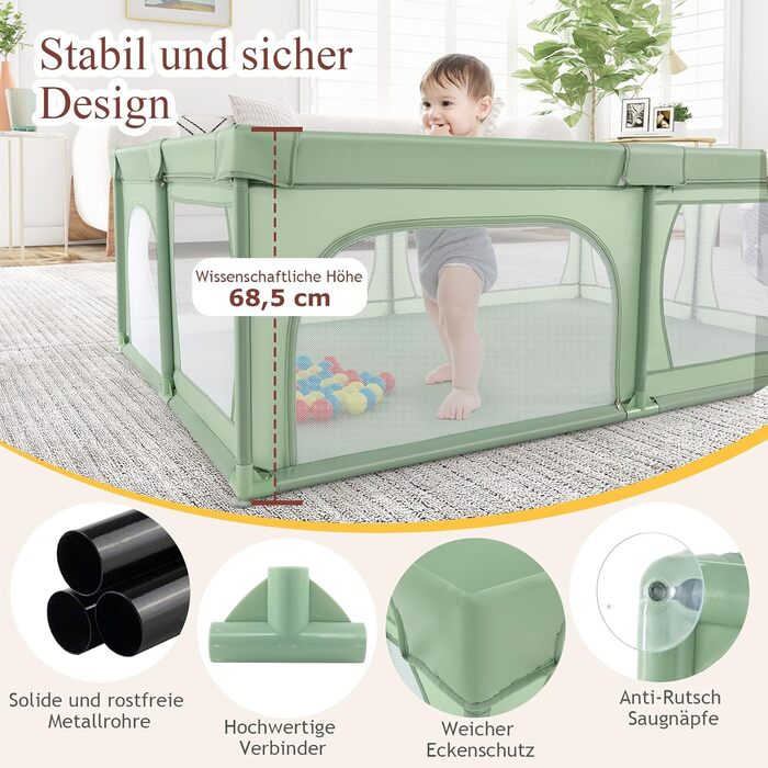 DREAMADE 200 x 140 cm Baby Playpen, Playard with 50 Balls & Carry Bag, Crawling Barrier for Indoor & Outdoor Use (Green, without mattress) Green without mattress