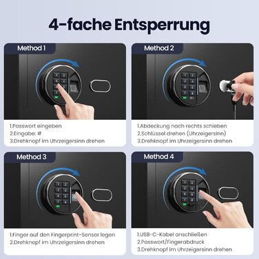 Сейф Grimtron з біометричним сканером відбитків пальців, 22л, LED-підсвічування, тихий режим, антивандальний, з нержавіючої сталі, чорний