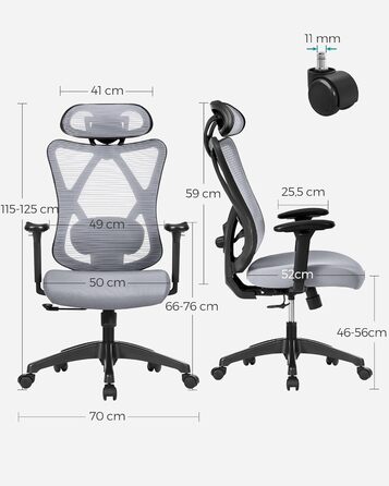 Офісний стіл SONGMICS: ергономічне крісло з регульованою поперековою та підголовною підтримкою, до 150 кг, регульована висота, сірий